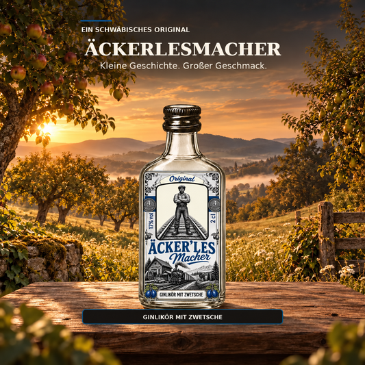 D’GIN Äckerlesmacher Zwetschgen-Ginlikör aus Ofterdingen im neuen Design vor einer Streuobstwiese