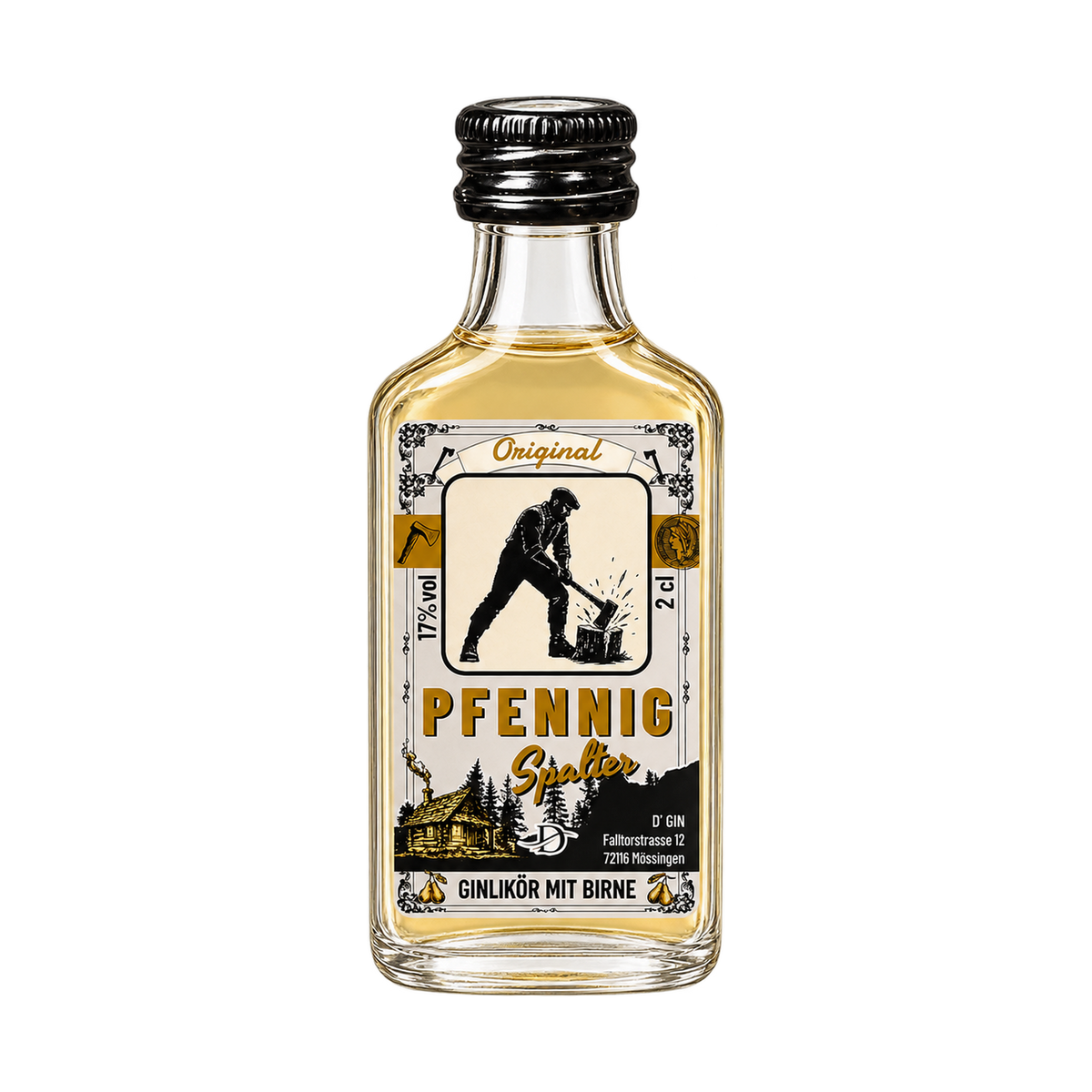 Freigestellte 2-cl-Flasche D’GIN Pfennigspalter Birnen-Ginlikör aus Talheim mit 17 % vol.