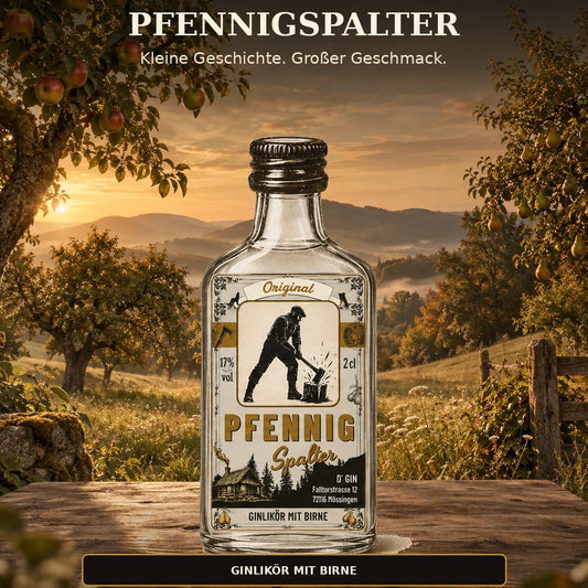 D’GIN Pfennigspalter Birnen-Ginlikör aus Talheim, 2-cl-Flasche vor einer schwäbischen Streuobstwiese