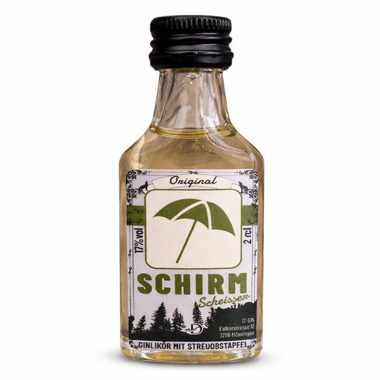 D’GIN Schirmscheißer Streuobstapfel-Ginlikör aus Mössingen, 2-cl-Flasche in der Produktansicht