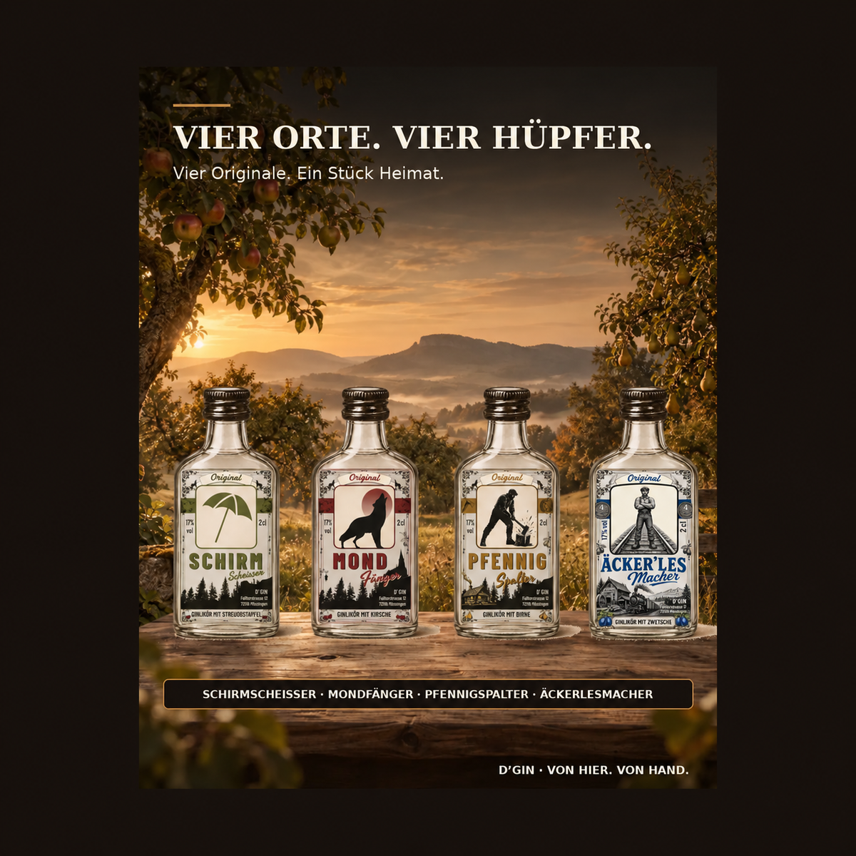 Vier D’GIN Hüpfer aus dem Steinlachtal: Schirmscheißer, Mondfänger, Pfennigspalter und Äckerlesmacher im neuen Design
