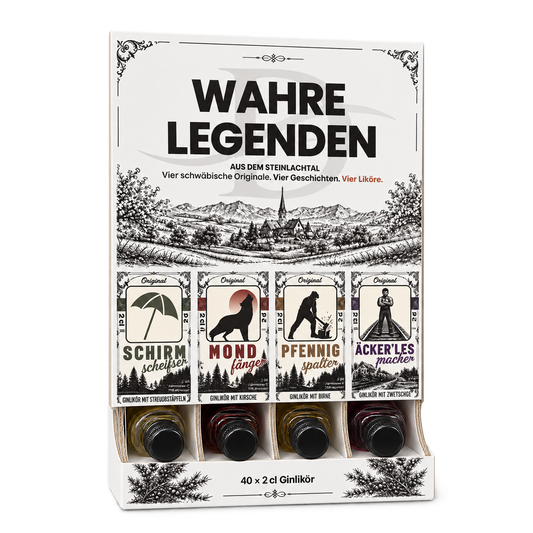 Geöffnete weiße D’GIN Wahre Legenden Displaybox mit vier Ginlikör-Sorten in dreidimensionaler Ansicht