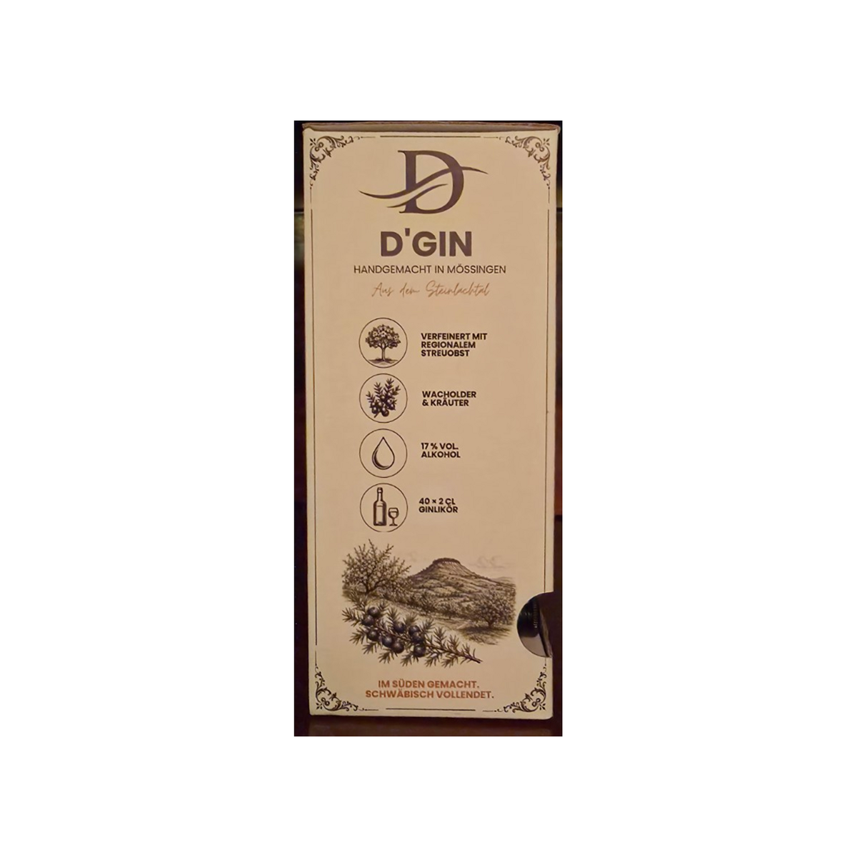 Seitenansicht der D’GIN Wahre Legenden Box mit 40 mal 2 cl Ginlikör und 17 Prozent Alkohol
