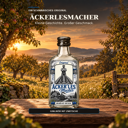 D’GIN Äckerlesmacher Zwetschgen-Ginlikör aus Ofterdingen im neuen Design vor einer Streuobstwiese