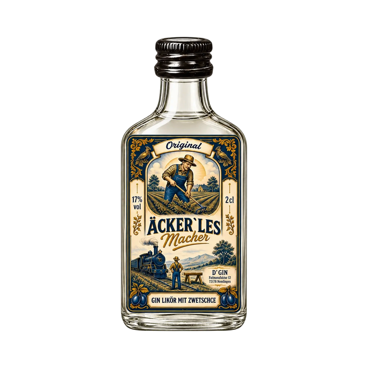 Freigestellte 2-cl-Flasche D’GIN Äckerlesmacher Zwetschgen-Ginlikör aus Ofterdingen mit 17 % vol.