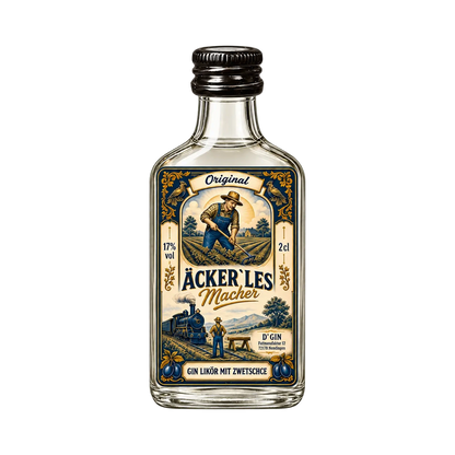 Freigestellte 2-cl-Flasche D’GIN Äckerlesmacher Zwetschgen-Ginlikör aus Ofterdingen mit 17 % vol.