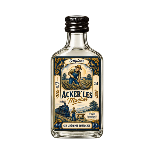 Freigestellte 2-cl-Flasche D’GIN Äckerlesmacher Zwetschgen-Ginlikör aus Ofterdingen mit 17 % vol.