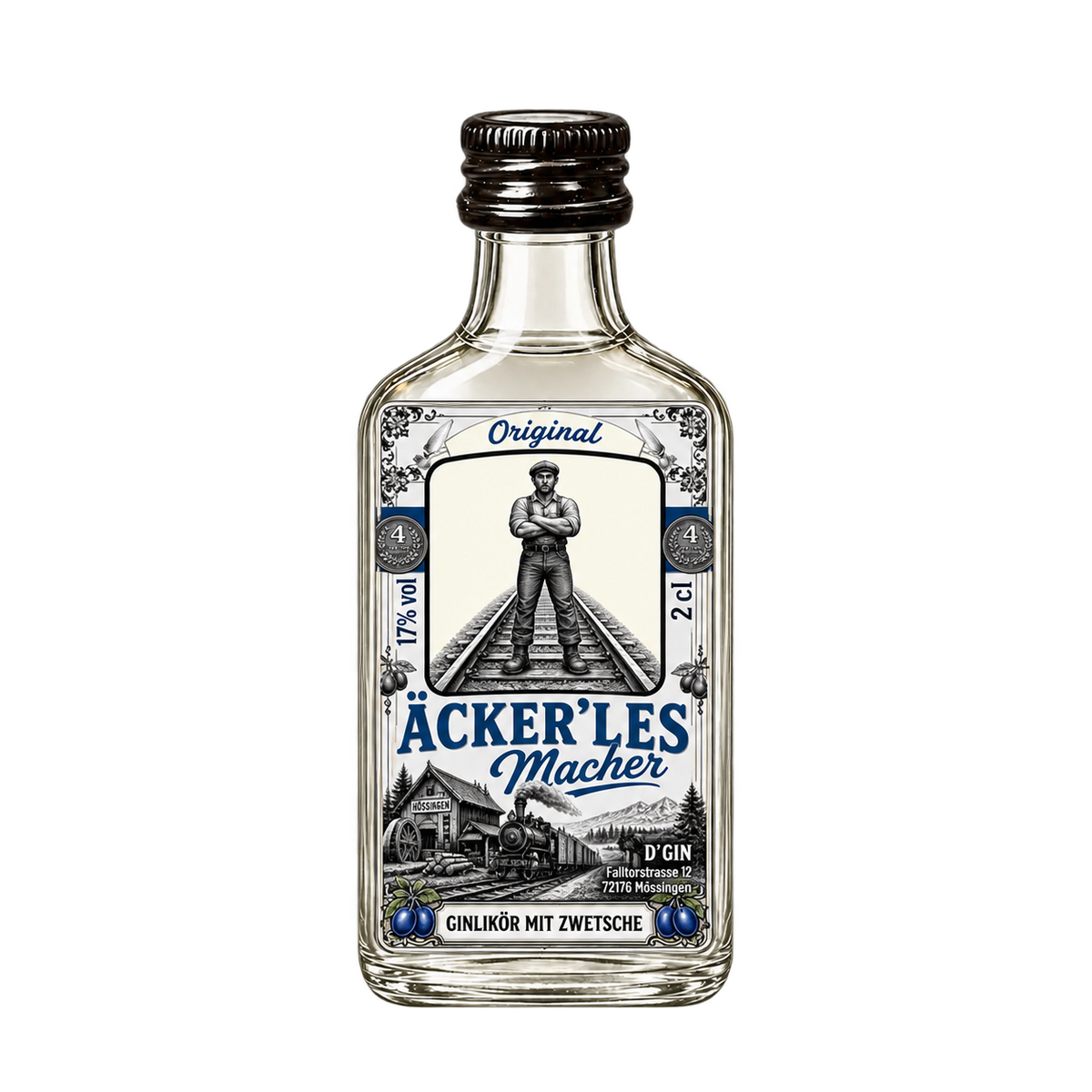 Freigestellte 2-cl-Flasche D’GIN Äckerlesmacher Zwetschgen-Ginlikör aus Ofterdingen im neuen weiß-silber-blauen Design