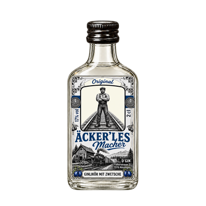 Freigestellte 2-cl-Flasche D’GIN Äckerlesmacher Zwetschgen-Ginlikör aus Ofterdingen im neuen weiß-silber-blauen Design