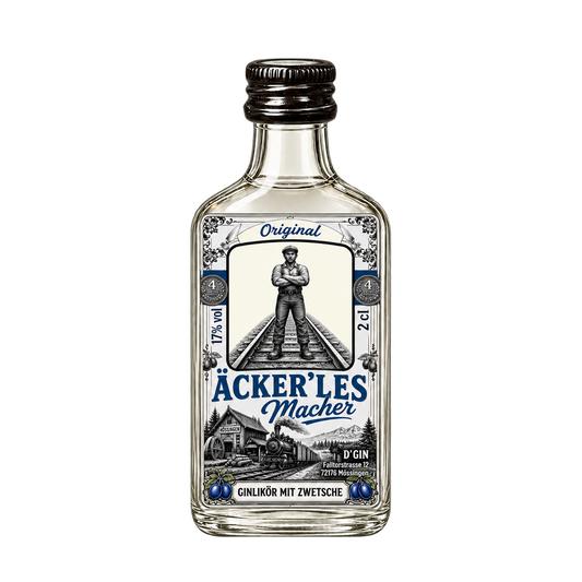 Freigestellte 2-cl-Flasche D’GIN Äckerlesmacher Zwetschgen-Ginlikör aus Ofterdingen im neuen weiß-silber-blauen Design