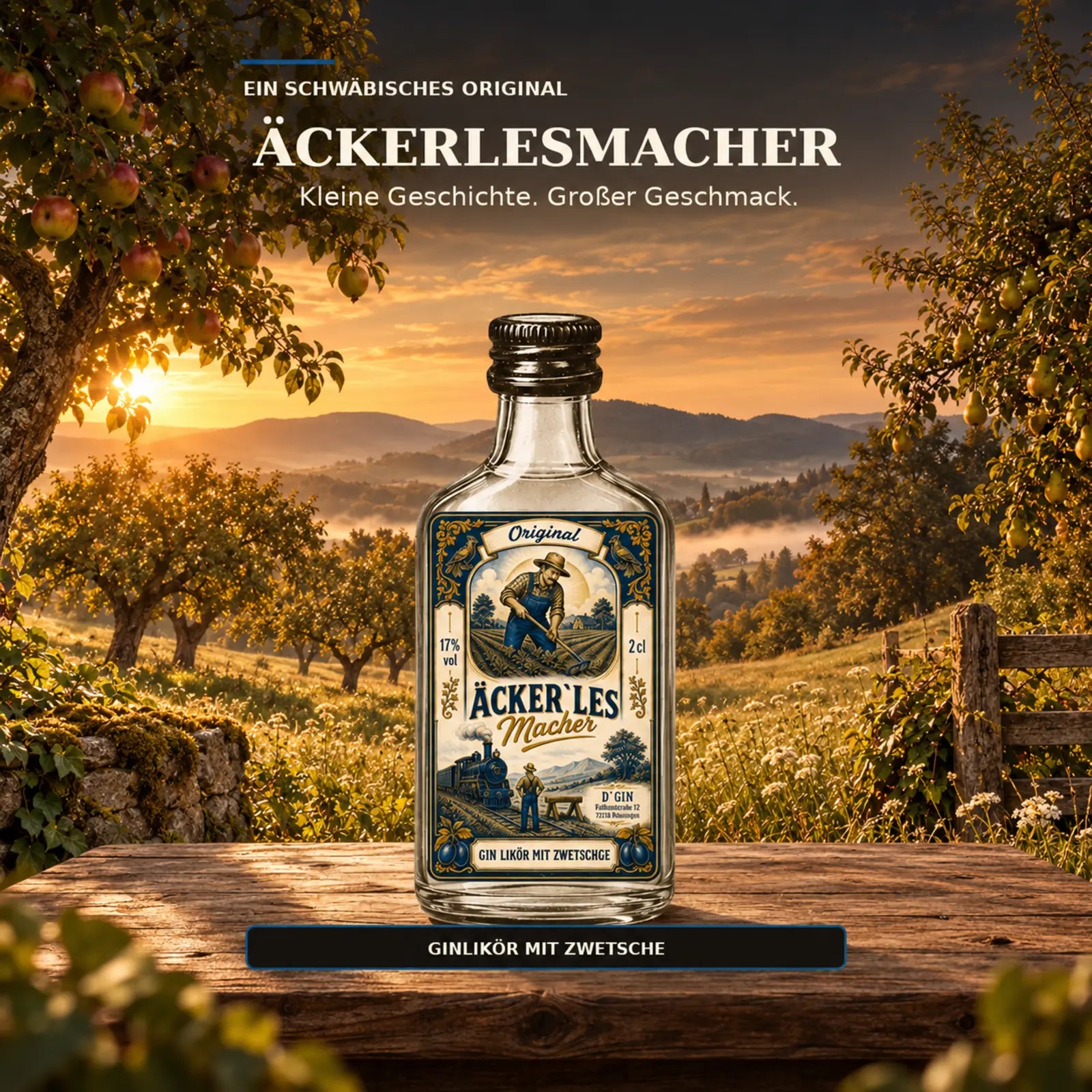 D’GIN Äckerlesmacher Zwetschgen-Ginlikör aus Ofterdingen, 2-cl-Flasche vor einer Streuobstwiese
