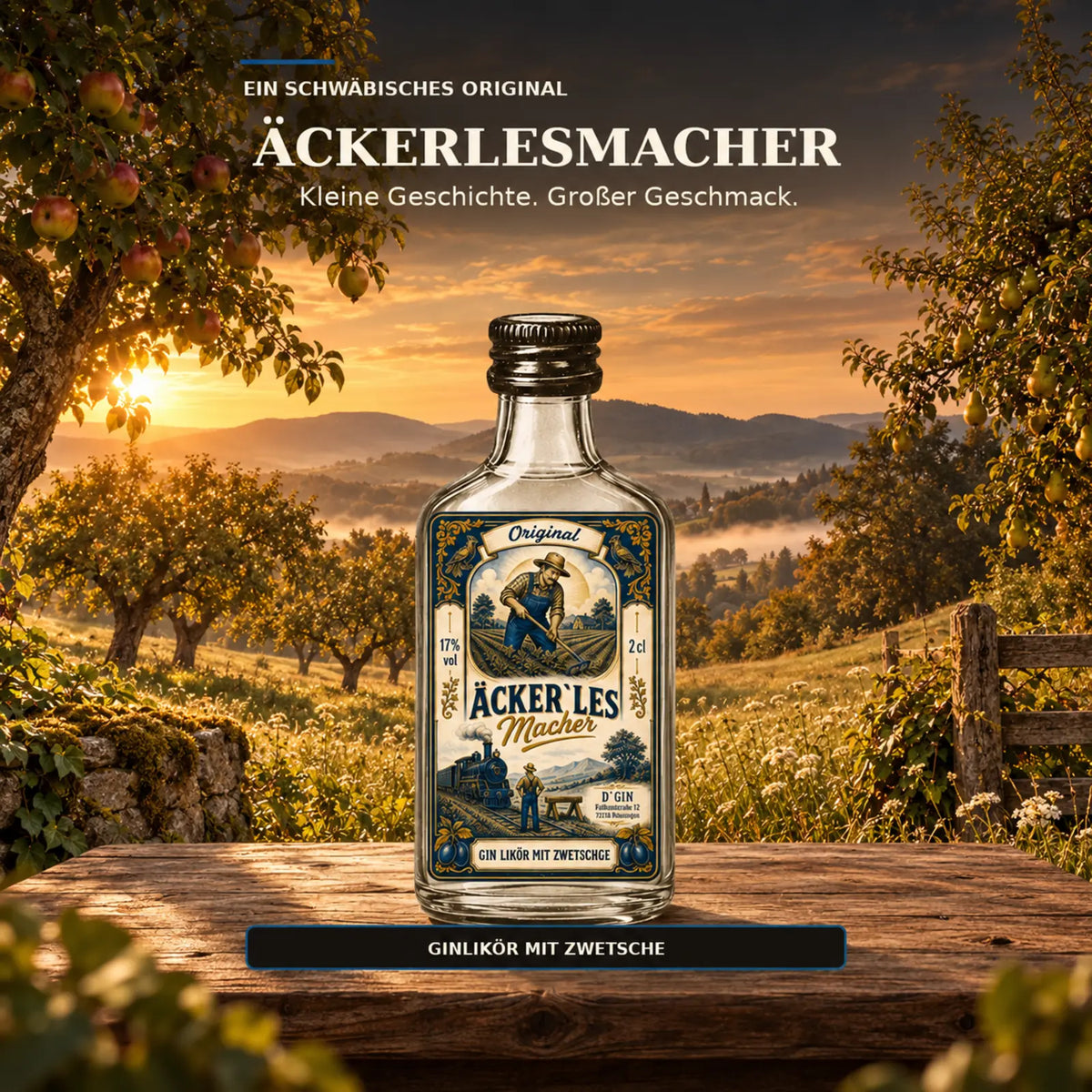 D’GIN Äckerlesmacher Zwetschgen-Ginlikör aus Ofterdingen, 2-cl-Flasche vor einer Streuobstwiese