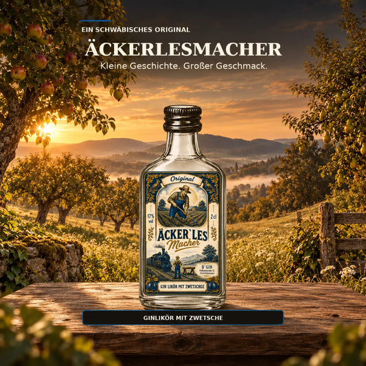 D’GIN Äckerlesmacher Zwetschgen-Ginlikör aus Ofterdingen, 2-cl-Flasche vor einer Streuobstwiese