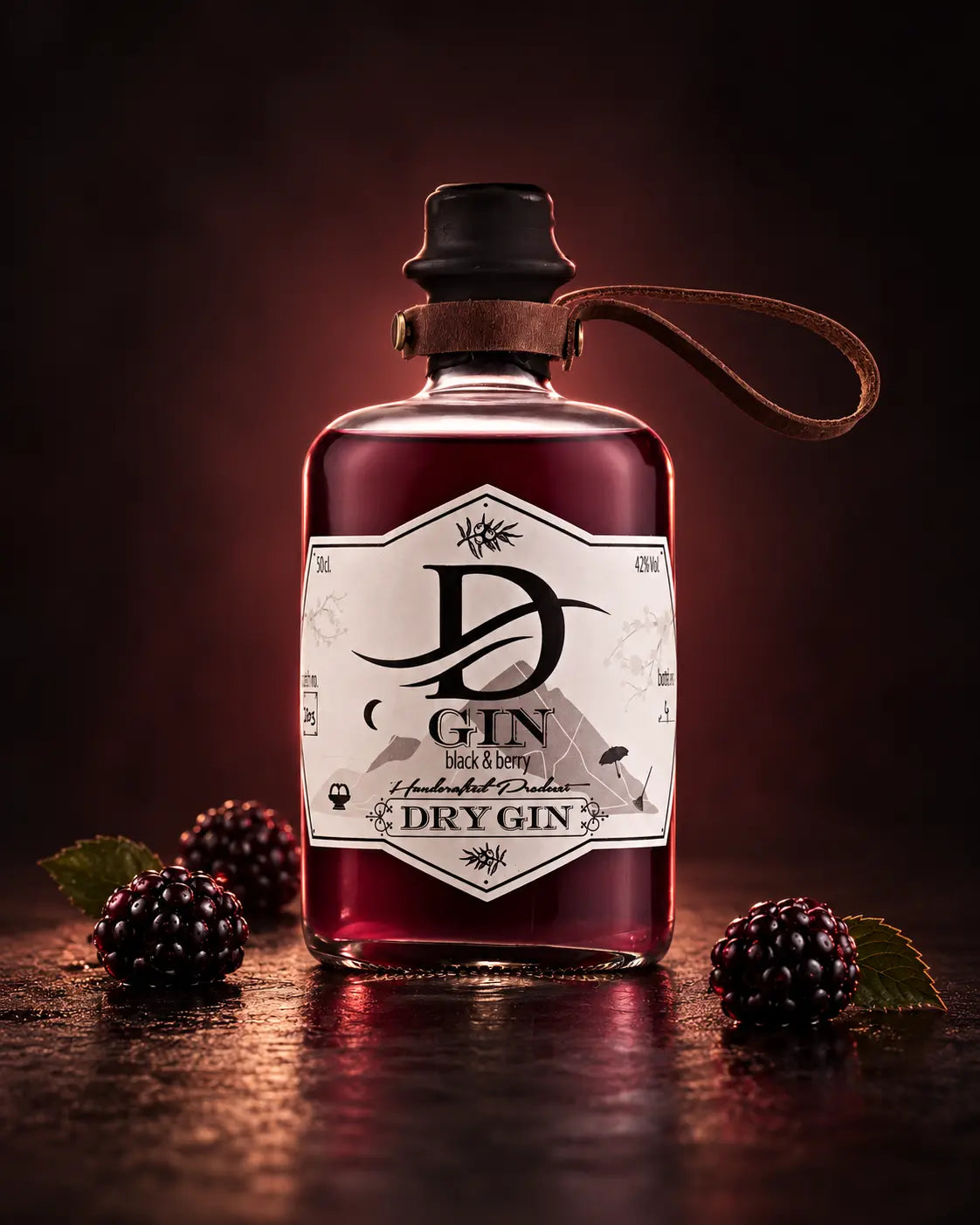 D’GIN Black & Berry Ginflasche mit Brombeeren auf dunklem, warm beleuchtetem Hintergrund
