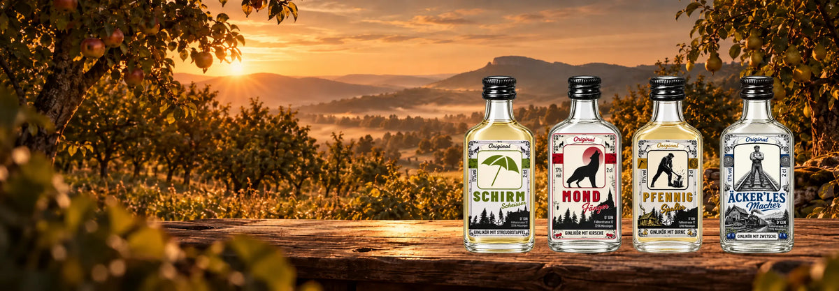 Vier D’GIN Ginliköre aus dem Steinlachtal auf einer Streuobstwiese: Schirmscheißer, Mondfänger, Pfennigspalter und Äckerlesmacher