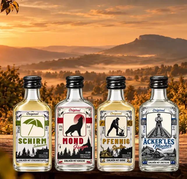 Schirmscheißer, Mondfänger, Pfennigspalter und Äckerlesmacher – vier regionale D’GIN Ginliköre aus dem Steinlachtal