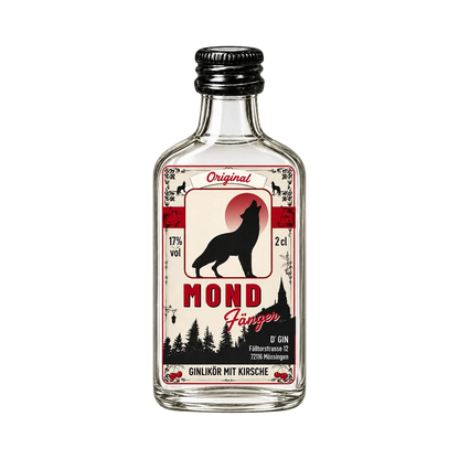 Freigestellte 2-cl-Flasche D’GIN Mondfänger Kirsch-Ginlikör aus Belsen mit 17 % vol.