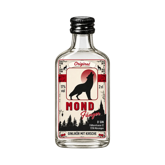 Freigestellte 2-cl-Flasche D’GIN Mondfänger Kirsch-Ginlikör aus Belsen mit 17 % vol.