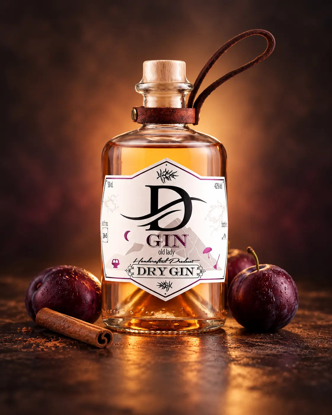 D’GIN Old Lady Ginflasche mit Zwetschgen und Zimt auf dunklem, warm beleuchtetem Hintergrund