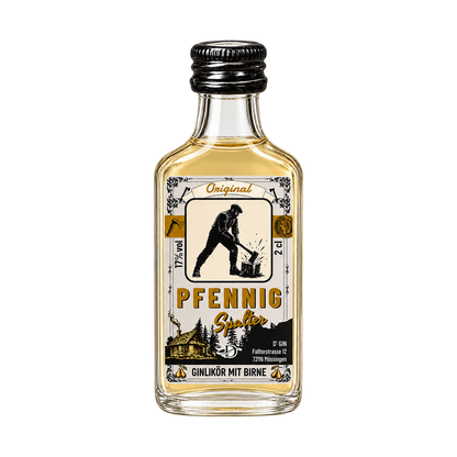Freigestellte 2-cl-Flasche D’GIN Pfennigspalter Birnen-Ginlikör aus Talheim mit 17 % vol.