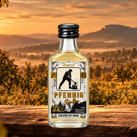 D’GIN Pfennigspalter Birnen-Ginlikör aus Talheim vor einer Streuobstwiese im Steinlachtal