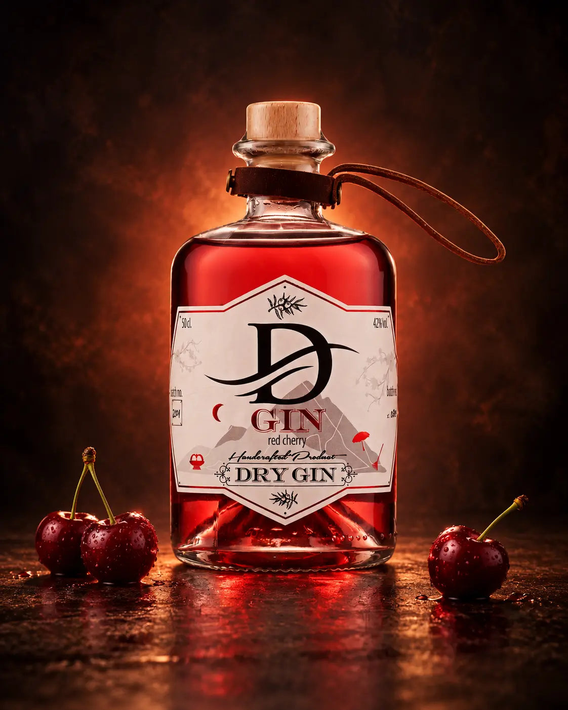 D’GIN Red Cherry Ginflasche mit Kirschen auf dunklem, warm beleuchtetem Hintergrund