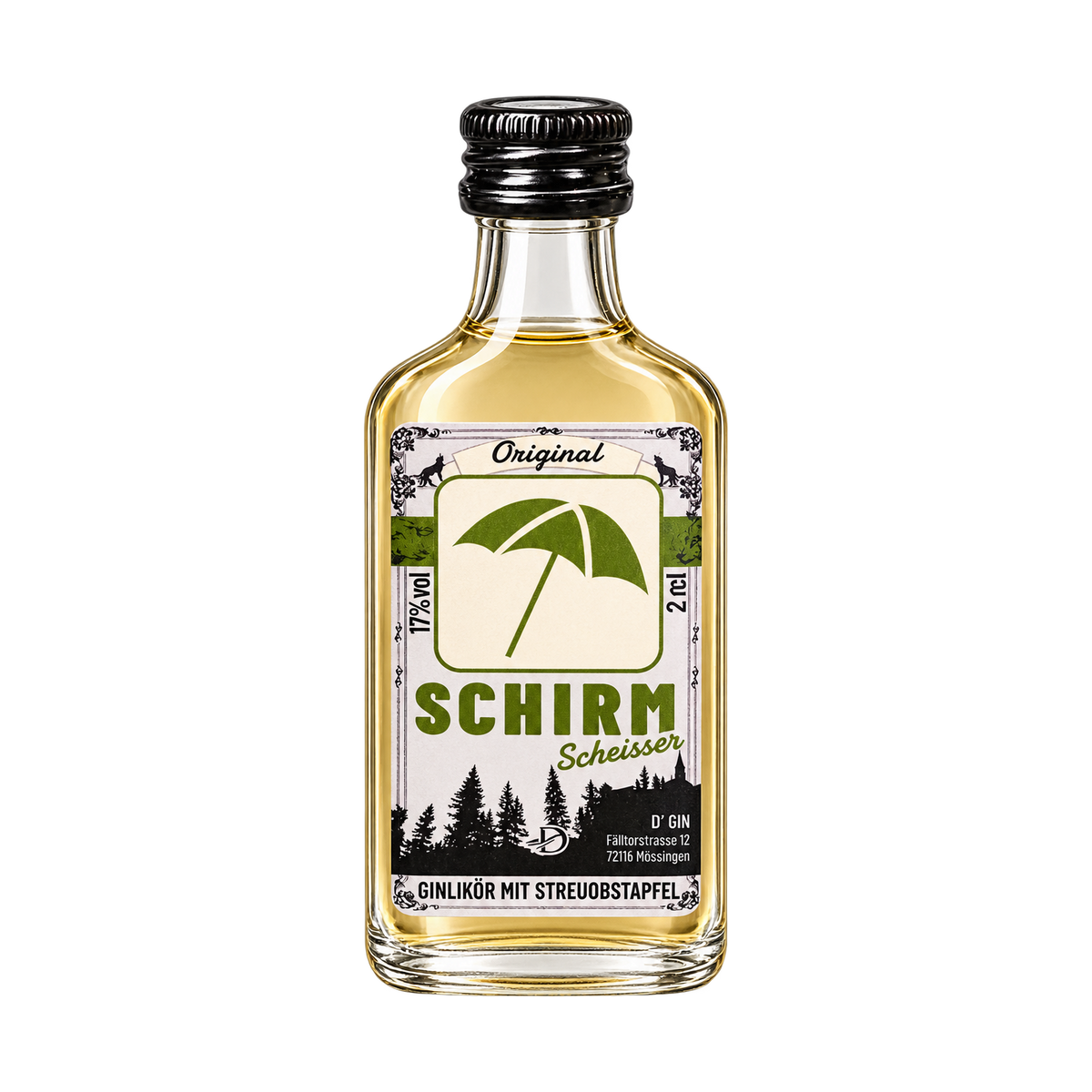 Freigestellte 2-cl-Flasche D’GIN Schirmscheißer Streuobstapfel-Ginlikör aus Mössingen mit 17 % vol.