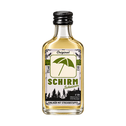 Freigestellte 2-cl-Flasche D’GIN Schirmscheißer Streuobstapfel-Ginlikör aus Mössingen mit 17 % vol.
