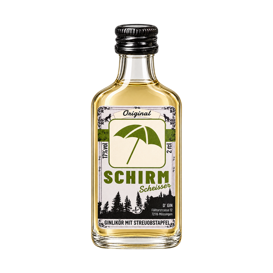 Freigestellte 2-cl-Flasche D’GIN Schirmscheißer Streuobstapfel-Ginlikör aus Mössingen mit 17 % vol.