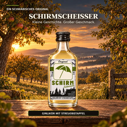 D’GIN Schirmscheißer Streuobstapfel-Ginlikör aus Mössingen auf einer schwäbischen Streuobstwiese bei Sonnenuntergang