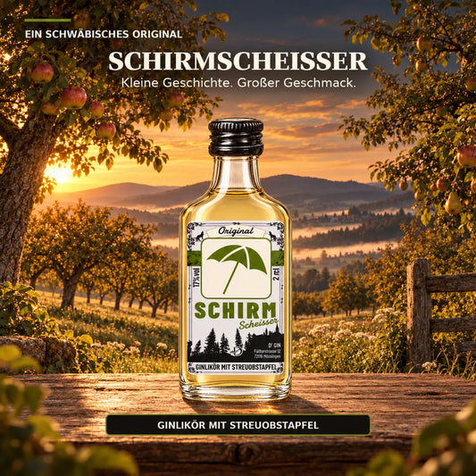 D’GIN Schirmscheißer Streuobstapfel-Ginlikör aus Mössingen auf einer schwäbischen Streuobstwiese bei Sonnenuntergang
