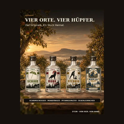 Vier D’GIN Hüpfer aus Mössingen: Schirmscheißer, Mondfänger, Pfennigspalter und Äckerlesmacher auf der Streuobstwiese