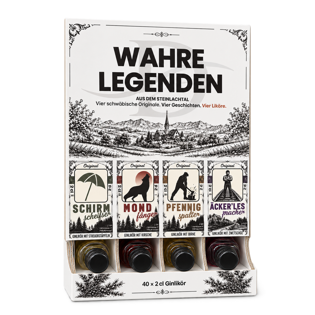 Geöffnete weiße D’GIN Wahre Legenden Displaybox mit vier Ginlikör-Sorten in dreidimensionaler Ansicht