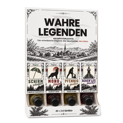 Geöffnete weiße D’GIN Wahre Legenden Displaybox mit vier Ginlikör-Sorten in dreidimensionaler Ansicht