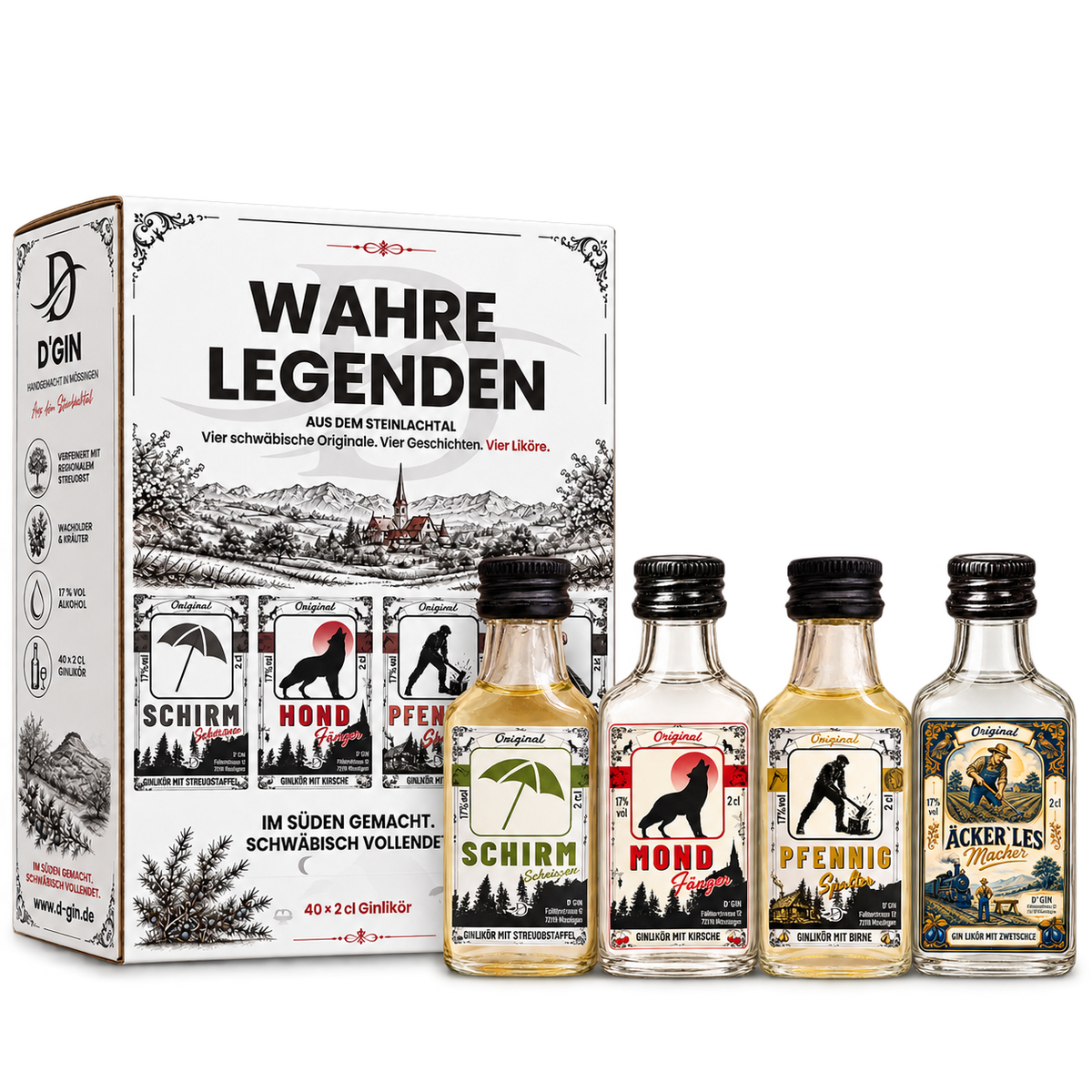 D’GIN Wahre Legenden Geschenkbox mit Schirmscheißer, Mondfänger, Pfennigspalter und Äckerlesmacher