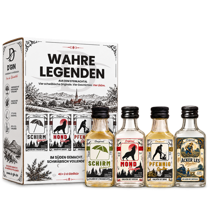 D’GIN Wahre Legenden Geschenkbox mit Schirmscheißer, Mondfänger, Pfennigspalter und Äckerlesmacher