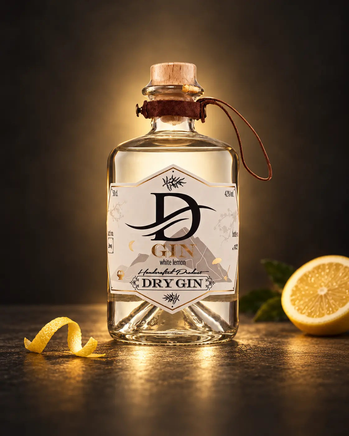 D’GIN White Lemon Ginflasche mit Zitronenzeste auf dunklem, warm beleuchtetem Hintergrund